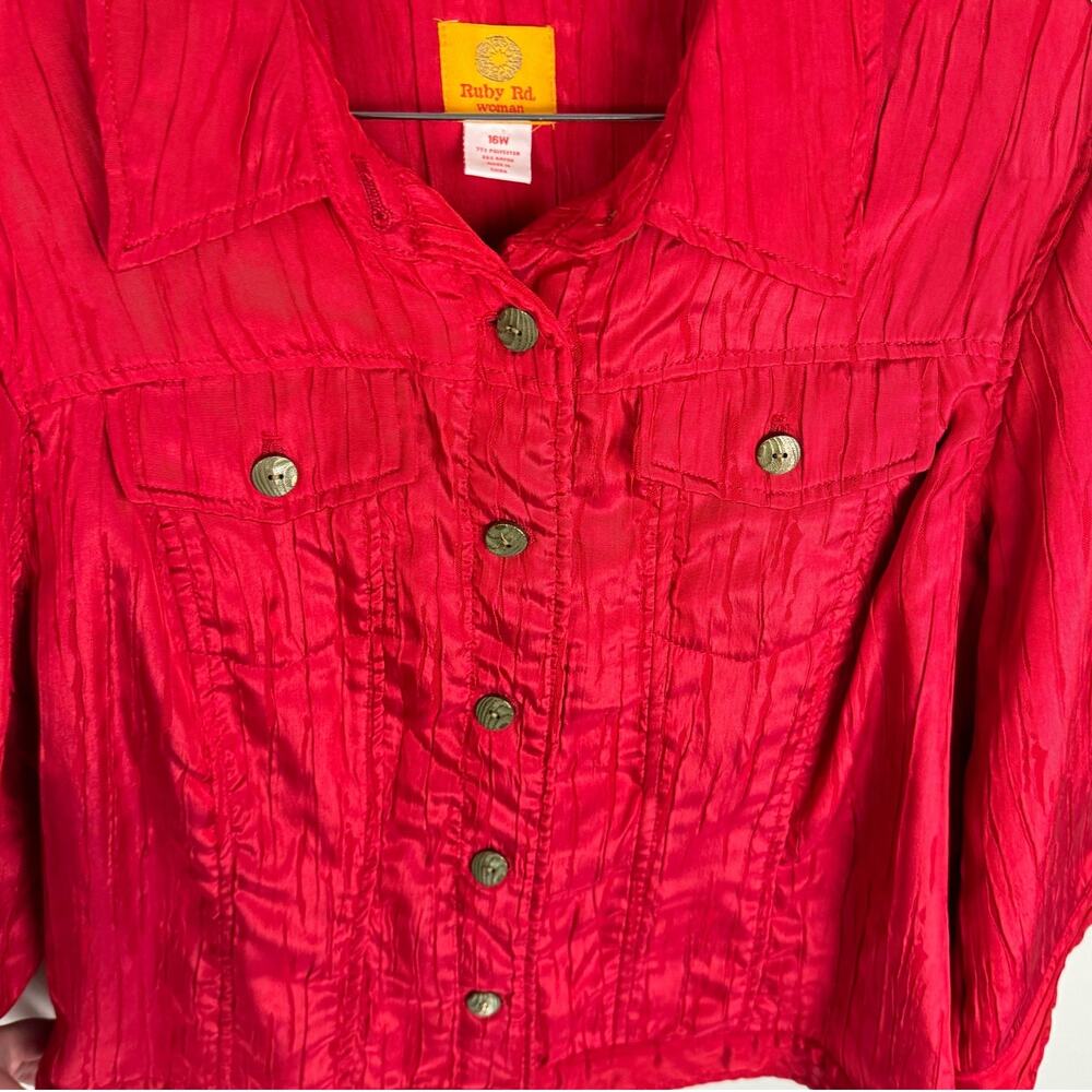 Ruby Rd. Red Satin Textured Lightweight Button Up… - image 3